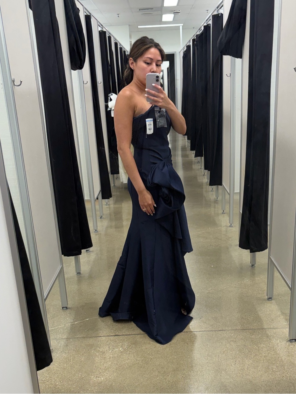 Satin Draped Navy Blue Evening Gown - Picture 7 of 12